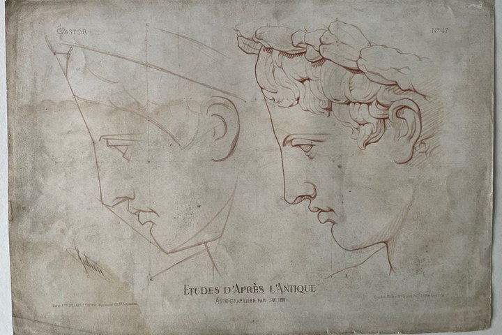 Schets uit: Ëtudes d' Apres l'Antique. Twee mannenhoofden van zijkant (Castor)