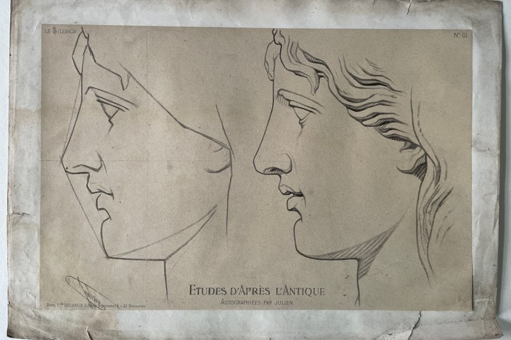 Schets uit: Ëtudes d' Apres l'Antique. Twee mannenhoofden van zijkant. (Le Silence).