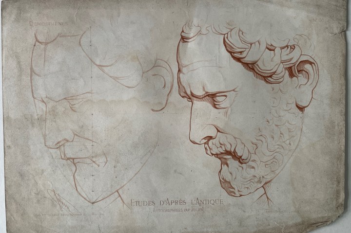 Schets uit: Ëtudes d' Apres l'Antique. Twee mannenhoofdeb van zijkant. (Demosthenes).