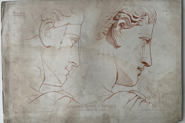 Schets uit: Ëtudes d' Apres l'Antique. Twee hoofden van zijkant. (Diane de Gabies)