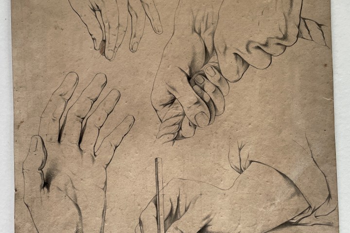 Detailschetsen van vijf handen in diverse toestanden (potlood of touw vasthoudend)