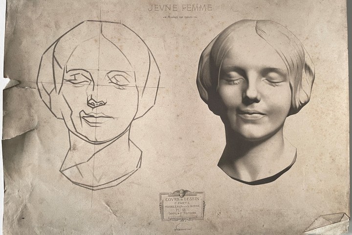 Schets uit tekenleerboek "Cours de Dessin", eerste deel, Plaat 53, "Jeune Fille", Moulage sur Nature.