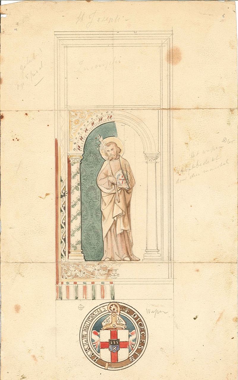 Ontwerp voor schildering van een mannelijke heilige (St. Joseph) in een nis met groene achtergrond.