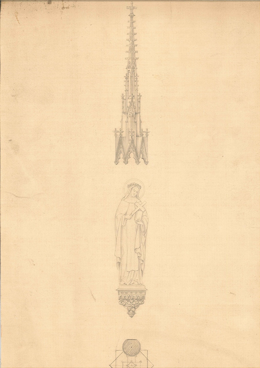 Ontwerp voor een torenspits, een vrouwelijke heilige op console en een detailschets