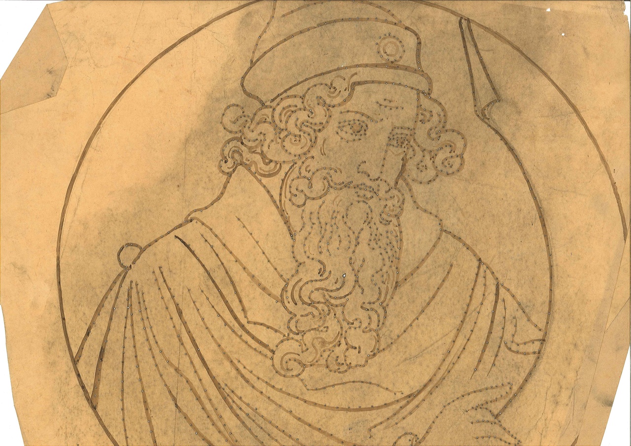 Ontwerp voor een medaillon met mannenhoofd op geperforeerd papier (stippellijnen)