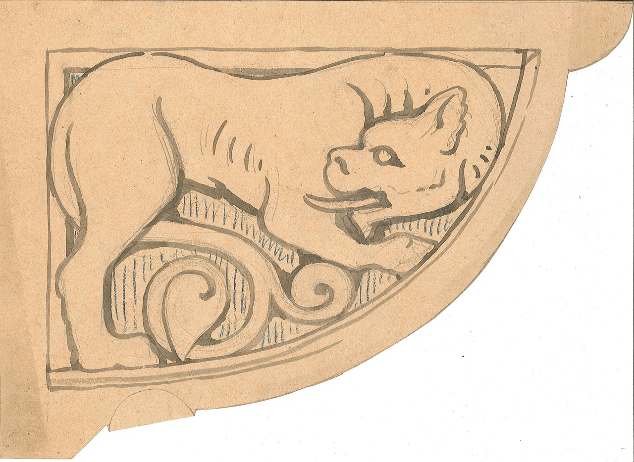 Ontwerp voor een ornament waarop een wolf staat afgebeeld