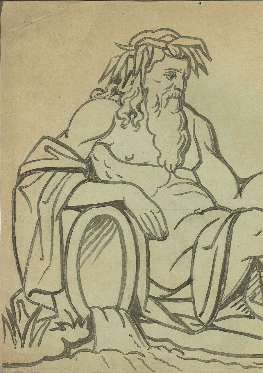 Ontwerp voor een tekening uit de 12 sterrenbeelden uit de Dierenriem: Waterman (januari).