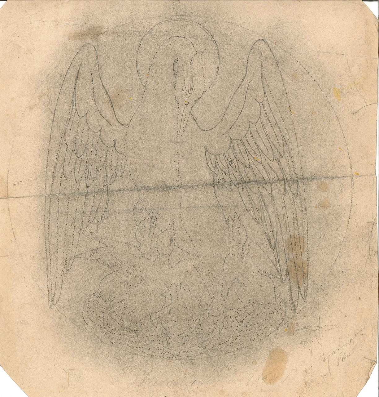 Ontwerp voor een medaillon met pelikaan met drie jongen op geperforeerd papier (stippellijnen)