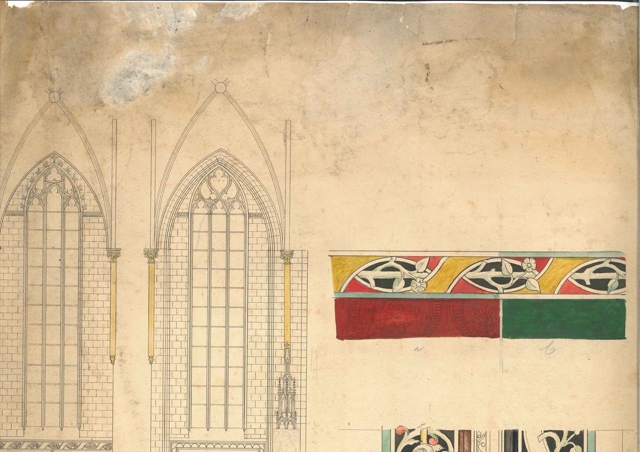 Ontwerp voor diverse onderdelen van een kerkinterieur, o.a. boogramen en ornamentering