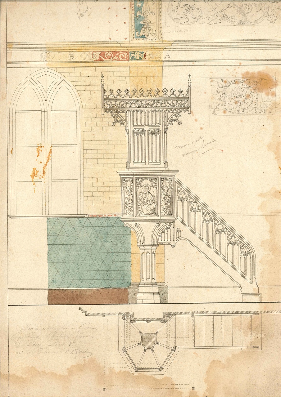 Ontwerp voor een kerkinterieur met preekstoel