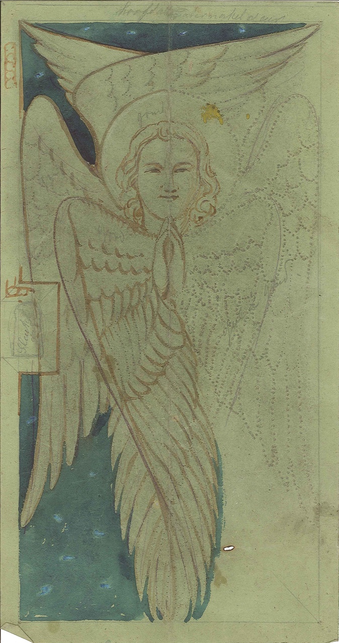 Schetsontwerp van een engel met gevouwen handen.