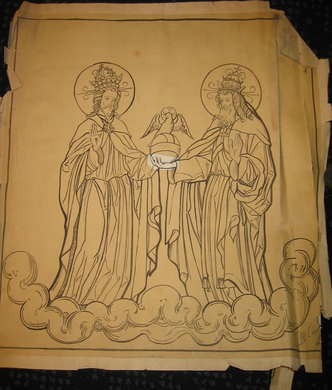 Schetsontwerp van twee gekroonde mannenfiguren die een wereldbol dragen met een duif