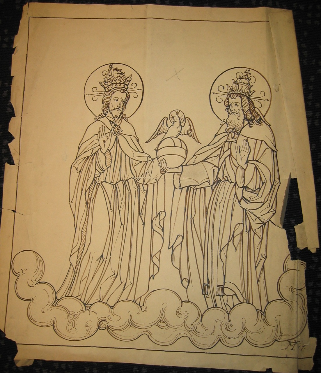 Schetsontwerp van twee gekroonde mannenfiguren die een wereldbol dragen met een duif