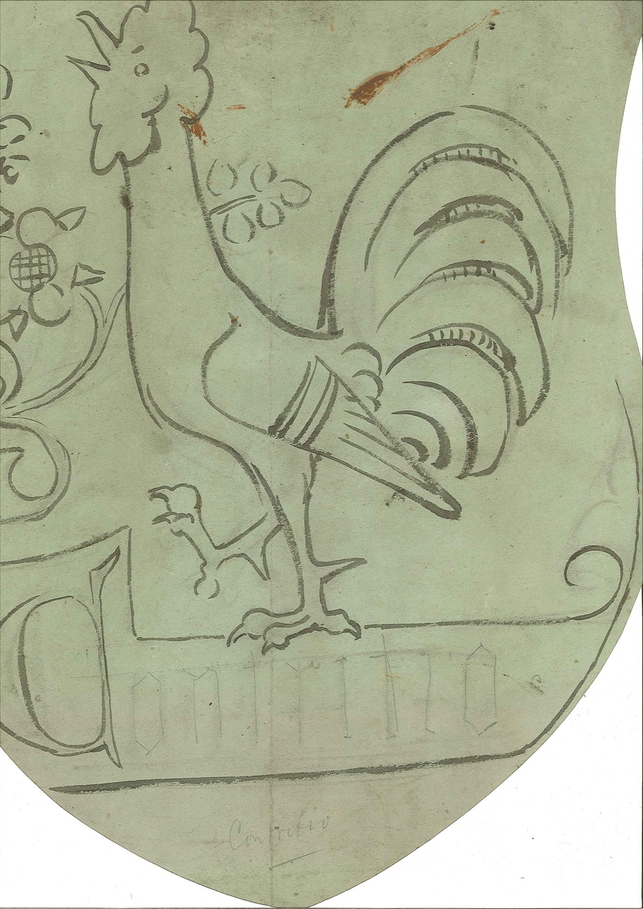 Dubbelzijdig ontwerp voor ornamentering met een haan en met een duif