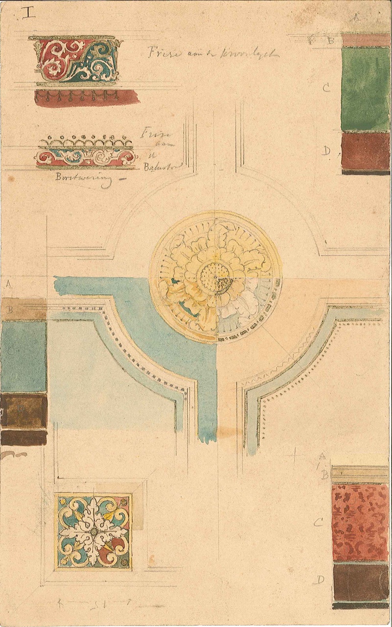 Uitgewerkt ontwerp voor ornamentering met o.a. florale motieven