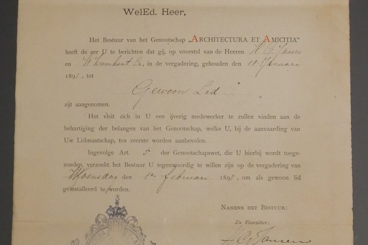 Benoemingsbrief van Joseph Cuypers als lid van "Architectura et Amicitia".